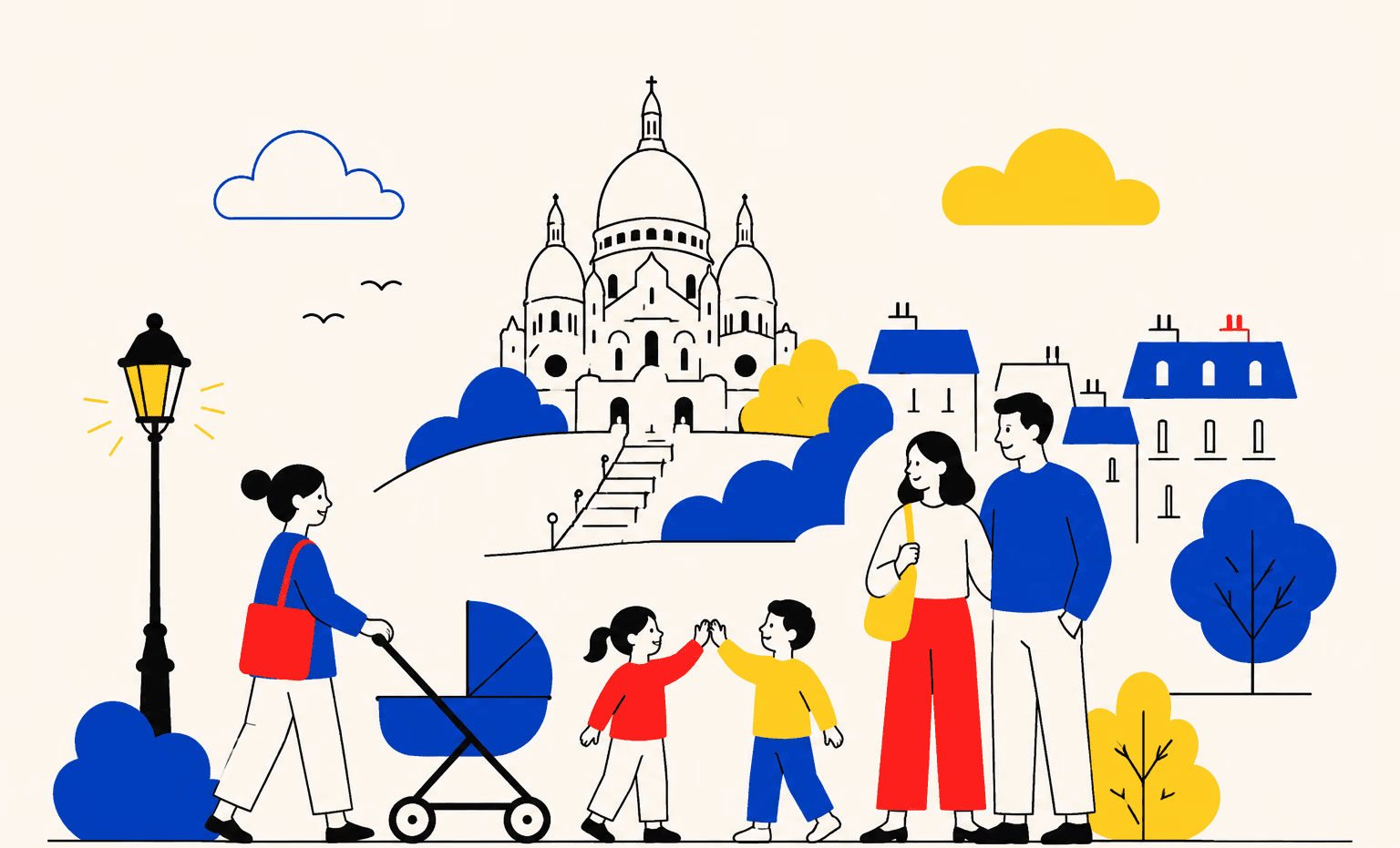 Illustration de familles se promenant dans Paris